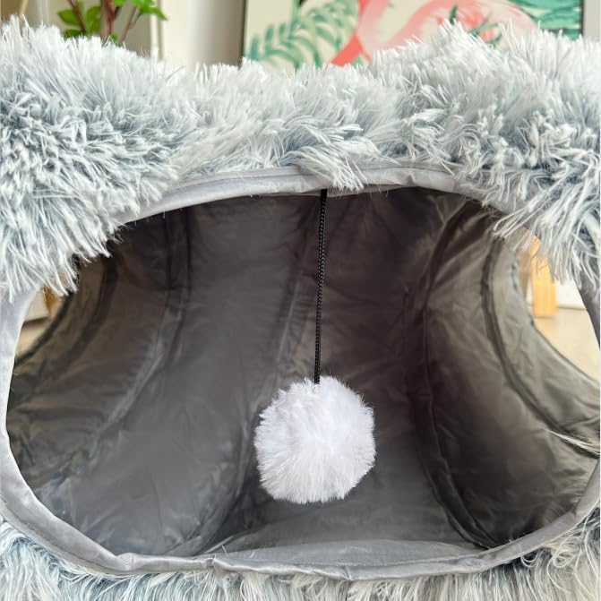 Cat Tunnel Bed, Tunnels for Indoor Cats Soft Warm Light Grey Plush, Collapsible Interactive Tube Toys, Maze House with Peek Holes Dangling Ball for Rabbit, Kitten, Kitty, Puppy