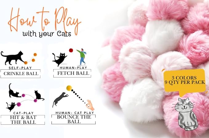 Cat Toys Furry Ball with Bell for Cats Kitty Rabbit Tails (Pink (with Bell))