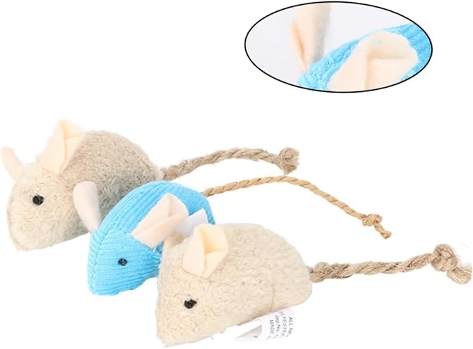 Plush Simulation Rat Mouse Scratch Bite Chewing Toys for Pet Cat Kitten, Set of 3, Khaki and Blue
