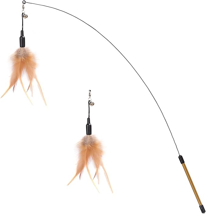 Pawaboo Feather Teaser Cat Toy, Interactive Feather Wand Cat Toy Flying Feather Cat Catcher with Extra Long 34.5" Wand and Small Bell, Fun Exerciser Playing Toy for Kitten or cat, Brown Feather