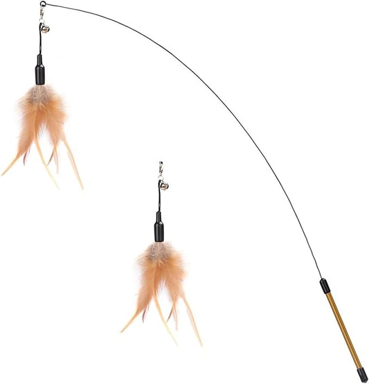 Pawaboo Feather Teaser Cat Toy, Interactive Feather Wand Cat Toy Flying Feather Cat Catcher with Extra Long 34.5" Wand and Small Bell, Fun Exerciser Playing Toy for Kitten or cat, Brown Feather