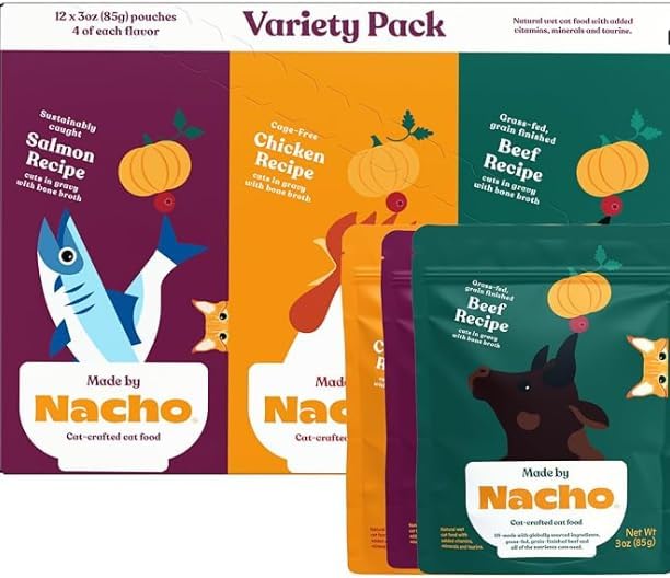 Made by Nacho Wet Cat Food Variety 12 Pack (3oz Each), Cage-Free Chicken, Sustainably Caught Salmon, Grass-Fed Beef with Bone Broth for Extra Hydration, Gravy Cut Pouches