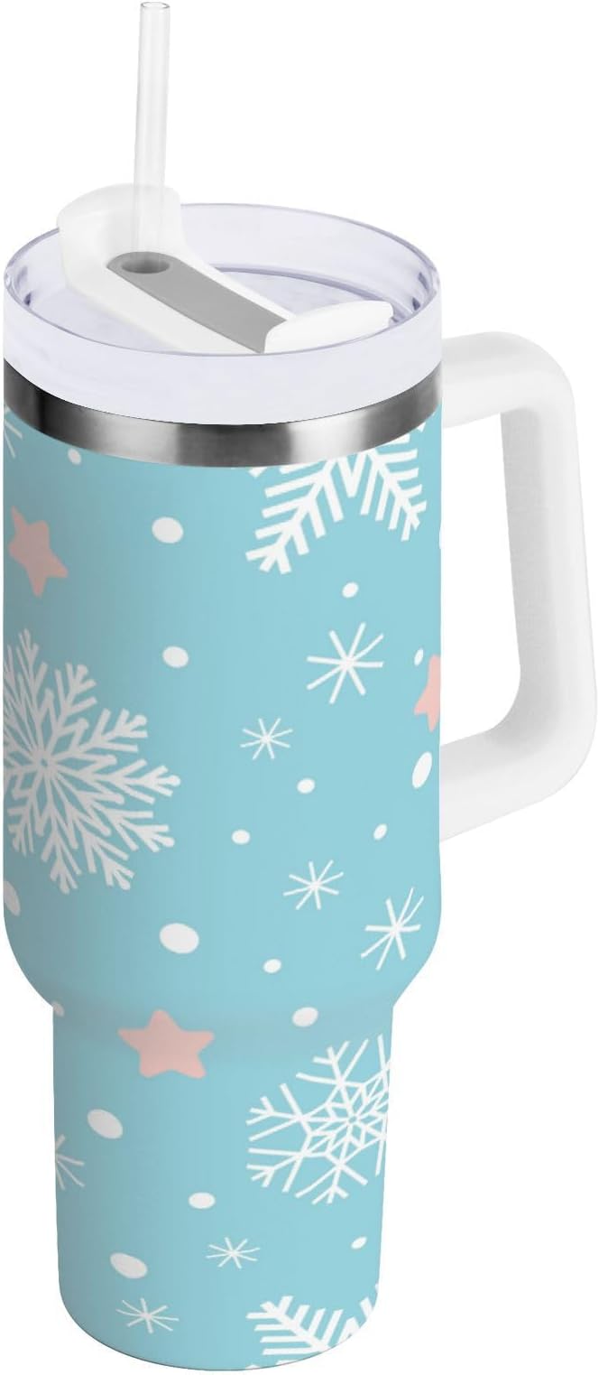 Boccsty Blue White Snowflakes Christmas Insulated Tumblers Reusable Stainless Steel Tumbler 30 oz Cup Coffee Travel Mug Water Bottle with Handle & Flip Straw for Home Office Car