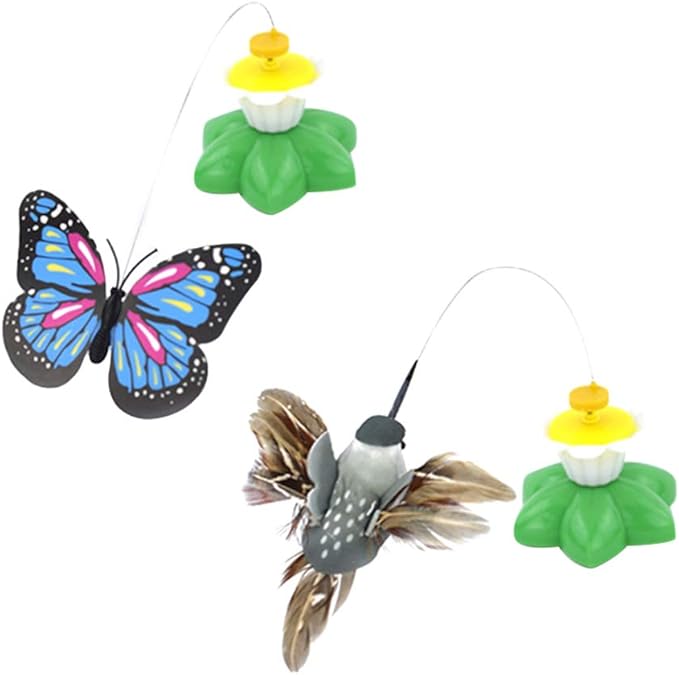 Ipetboom Pet Cat Toys 2 Pcs Automatic Interactive Kitten Toy, Cat Wand Toy Hummingbird Butterflies Cat Teaser Self Rotating Cat Toy Pet Teaser Stick for Cat Kitten