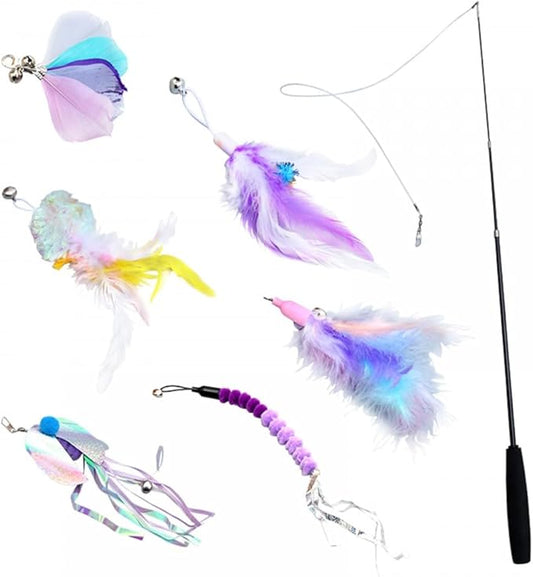 DONGKER Cat Wand Toy Set,3 Stage Retractable Kitten Feather Toys with Bells & 6 Replacement Heads for Teasing Cat Playing(Can't be used for catfishing)