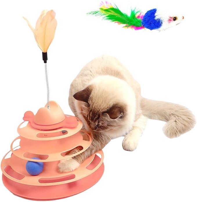 Cat Tower with Track Ball and Feather, Interactive Cat Toy for Indoor Adult Cats(Orange)