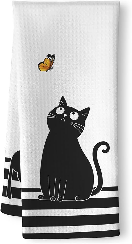 Cat Towel,Cat Kitchen Accessories,Cat Kitchen Towels,Black Cat Gifts for Women,Cat Hand Towel,Cat Dish Towels,Cat Mom Gifts,Fun Kitchen Towels,Funny Bathroom Hand Towels,Gifts for Cat Lovers for Women