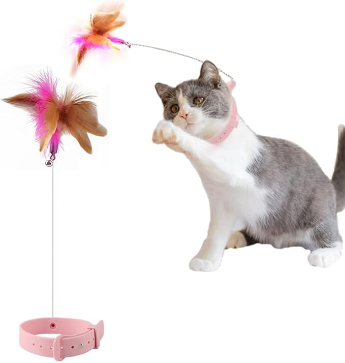 Cat Teasing Wand Silicone Collar Hands Free Toy with Bell and Feathers Interactive Cat Toys (Pink)