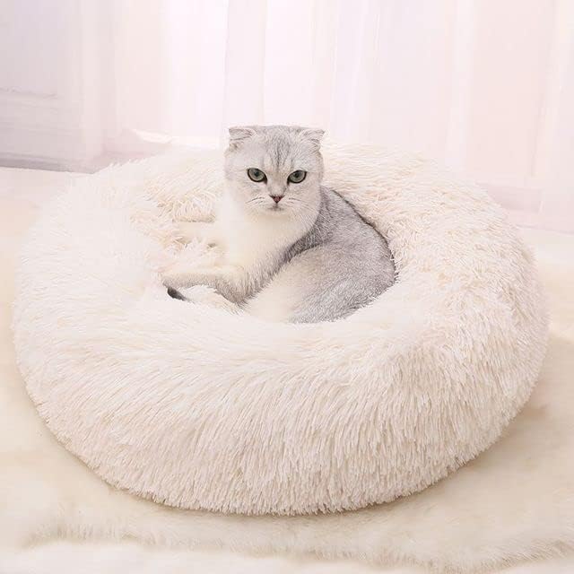 Cat Beds for Indoor Cats - Cat Bed Washable 20/24 inches, Dog Beds for Small Medium Dogs, Anti Anxiety Round Fluffy Plush Faux Fur Cat Bed, Thick Bottom (White, Medium)