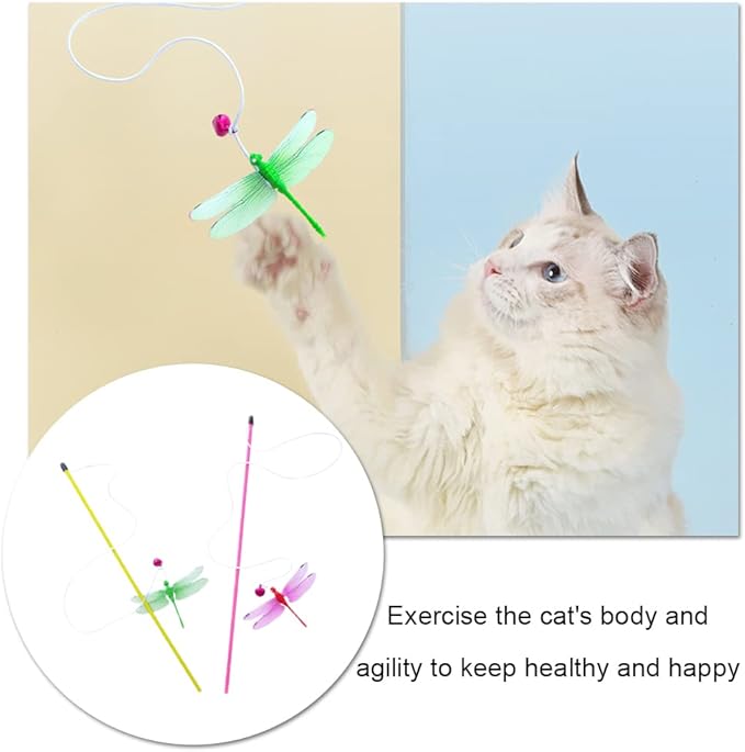 Cat Wand Toys,Interactive Cat Toys for Indoor Cats Adult Kitten,Funny Cat Sticks Pet Interactive Cat Toys with Dragonfly Bell Toys for Kitten Playing(2 Pc)