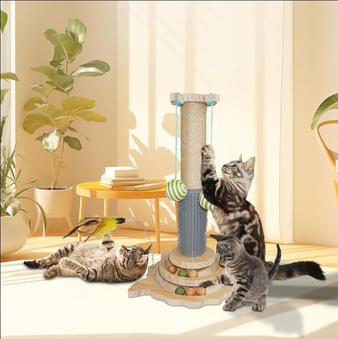 Cat Scratching Post, 6 in 1 Cat Scratcher for Indoor Cat, 18.11" Tall Cat Climbing Pole with Removable Cat Teaser, Interactive Cat Toy with Two Sisal Balls, Natural Sisal, Wood Base