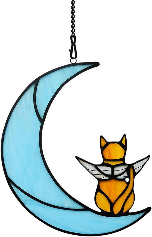 BOXCASA Angel Cat on Moon Memorial Gifts,Orange Cat Stained Glass Window Hangings,Rainbow Bridge Pet Memorial Gifts for Women,Loss of Pet Sympathy Gift for Women Mom