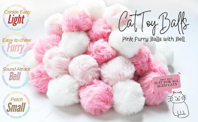 Cat Toys Furry Ball with Bell for Cats Kitty Rabbit Tails (Pink (with Bell))