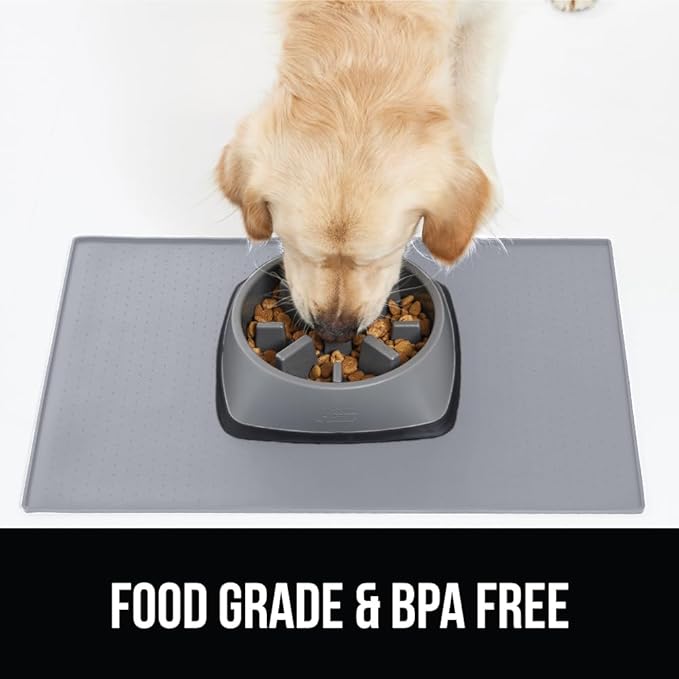 GORILLA GRIP 100% Waterproof Raised Edge BPA Free Silicone Pet Feeding Mat, Dog Cat Food Mats Contain Spills Protects Floors, Placemats for Cats, Dogs Water Bowl, Pets Accessories 32x24 Light Gray