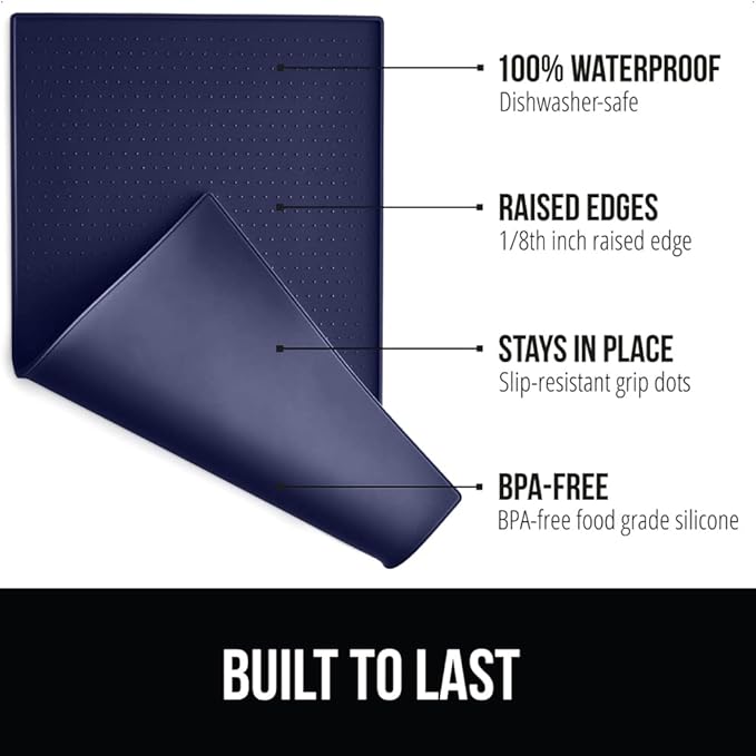 GORILLA GRIP 100% Waterproof Raised Edge BPA Free Silicone Pet Feeding Mat, Dog Cat Food Mats Contain Spills Protects Floors, Placemats for Cats and Dogs Water Bowl, Pets Accessories 28x18 Navy
