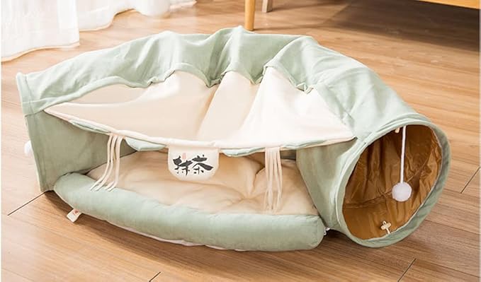 2 in 1 Cat Tunnel Bed Tube with Cushion and Plush Ball Toy Playground Crinkle Collapsible for Large Cats Kittens Kitty Puppy Small Dog Foldable Soft Pet Play Bed Indoor Outdoor - Green Cat Tunnel Bed