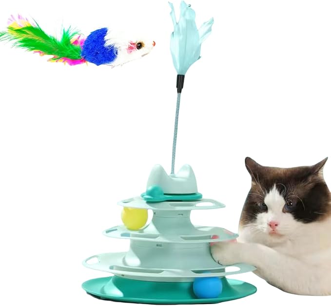 Interactive Cat Toy for Indoor Adult Cats, Cat Ball Track Tower, Feather Toys for Indoor Cats,Mouse cat Toys (Blue)