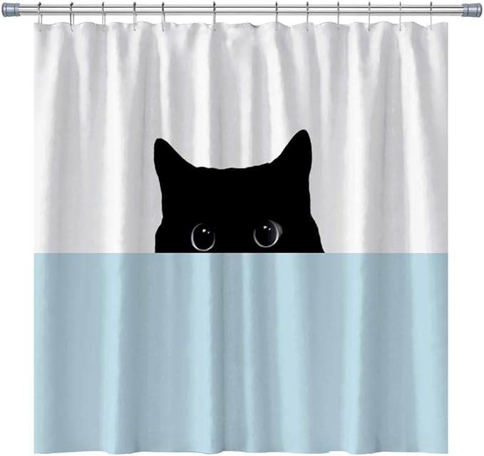 Black Cat Shower Curtains Cute Cat Looking at You, Cute Animals Bath Decor Curtains Sets with Hooks 71X71 Inches