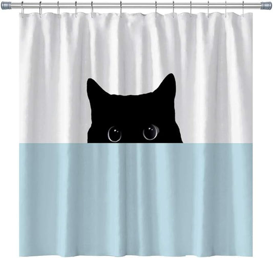 Black Cat Shower Curtains Cute Cat Looking at You, Cute Animals Bath Decor Curtains Sets with Hooks 71X71 Inches