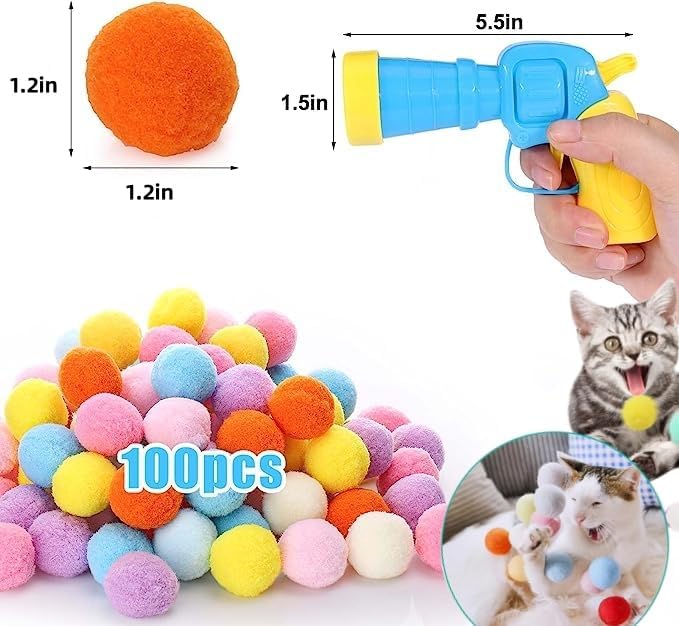 Cat Toy Balls, 100Pcs 1.2Inch Cat Pompom Ball and 1 Cat Ball Toy Launcher, Colorful and Soft Interactive Cat Balls, Active Cat Exercise Toys for Indoor Cats