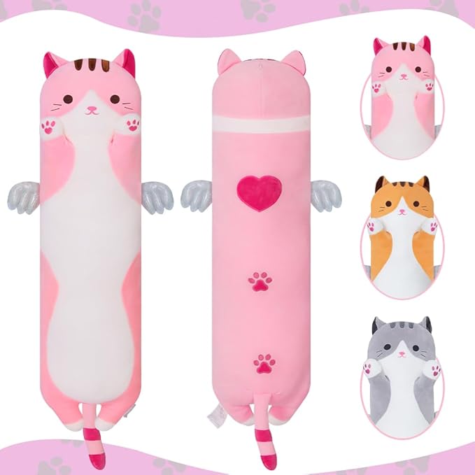 Long Plush Toy Cat Pillow Cute Plush Cat Toy Doll Stuffed Animal Cat Hugging Pillow for Sleeping Gift for Kids and Girls(Pink,50cm/19.6in)