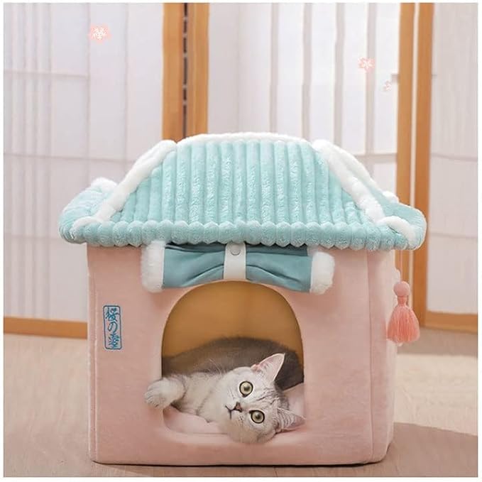 Cute Cat House,Pink Cat House with Rolled Door Curtain,Closed Cat Cave/Dog House, Washable Cat Bed,Cozy Dog Tent (Pink House)