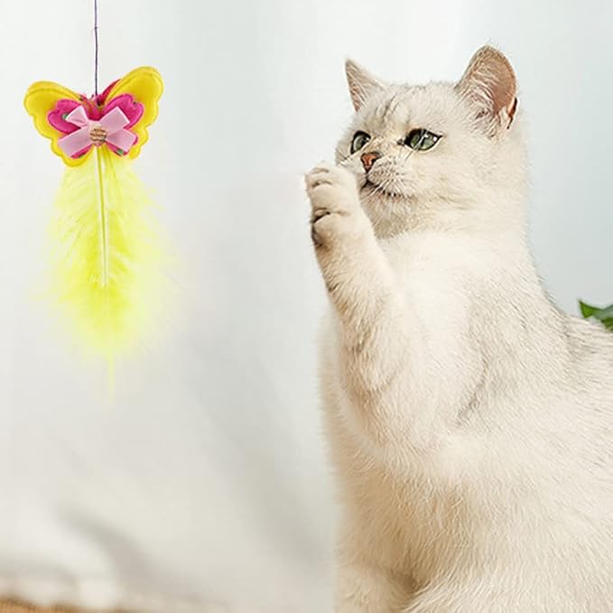 Cat Wand Toy 2 PCS Interactive Cat Feather Wands Cat Teaser Wand with Butterfly and Bell for Cat Kitten