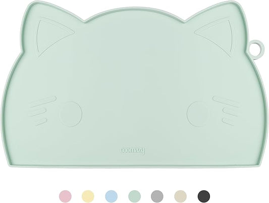 Coomazy Cat Water Fountain Mats for Floor, Waterproof Non-Slip Silicone Dog Food Mat with Raised Edge to Prevent Food Spills and Water Runoff (Cyan, Medium)