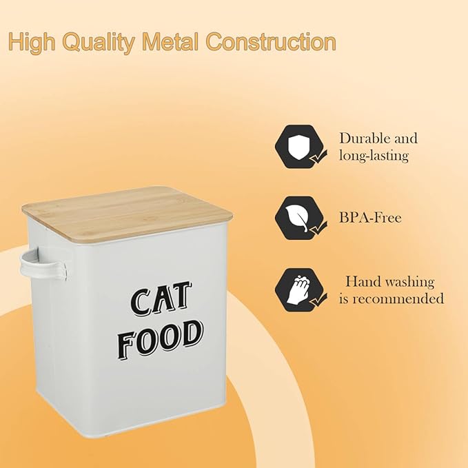 Cat Food and Treats Containers Set with Scoop for Cats or Dogs -Tight Fitting Wood Lids - Coated Carbon Steel - Storage Canister Tins-Cat-White