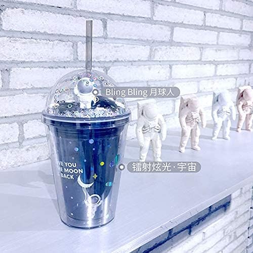 Astronaut Cup with Straw Ice Coffee Tumblers Party Cups Space Reusable Plastic Cup Birthday Gift (Astronaut purple, 380ml)