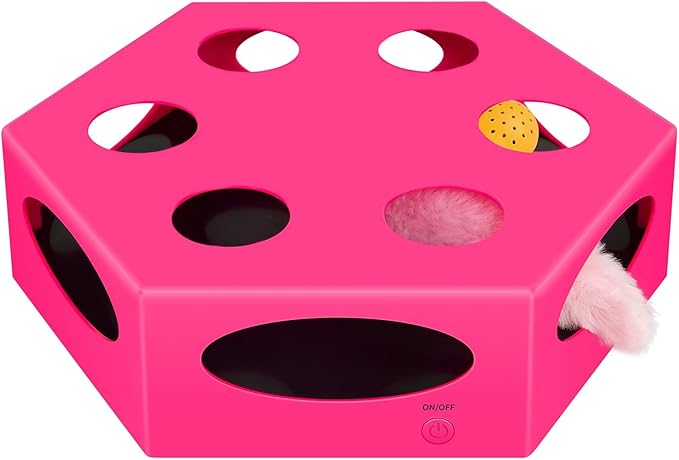 FluffyDream Interactive Cat Maze Box Toy, Electrical Cat Exercise Teaser Toy with Plush Tail & Ball Contains Bells, Fluffy Toys, Toys for Indoor Cats, Pets, Kitten, Kitty, Pink