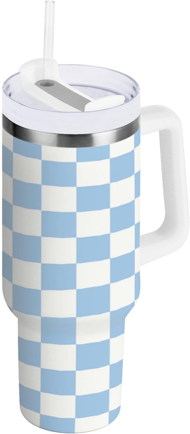 Boccsty Checkered Colorful Blue Insulated Tumblers Reusable Stainless Steel Tumbler 30 oz Cup Coffee Travel Mug Water Bottle with Handle & Flip Straw for Home Office Car