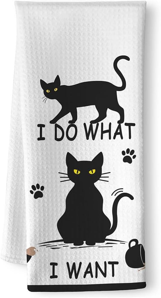 Cat Hand Towel, Black, Polyester, Farmhouse Style, Cat Pattern, Kitchen Decoration