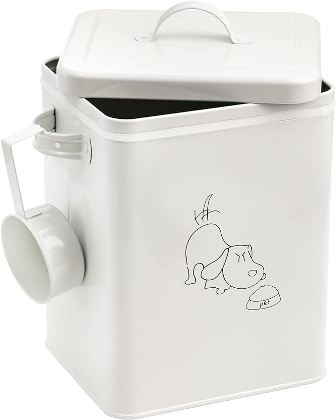 SOUJOY Pet Treat and Food Storage Bin with Lid and Scoop, 6LBS White Vintage Farmhouse Storage Tin, Coated Carbon Steel Canister, Gift for Dogs Owners