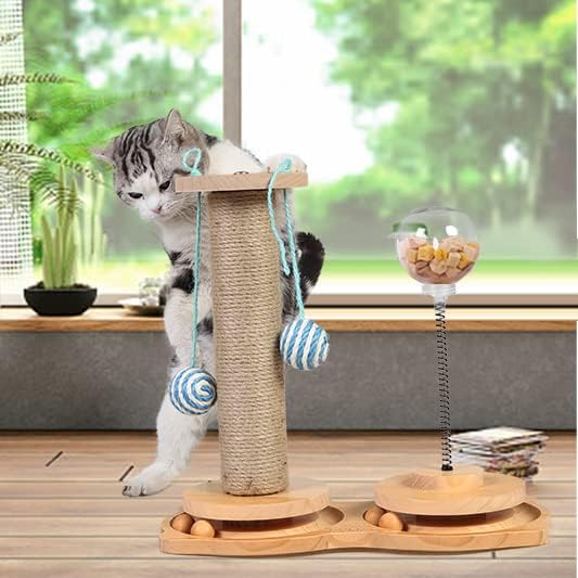 Marchul 4 in1 Interactive Cat Toy, Natural Sisal Cat Scratching Post with Hanging Balls, Cat Toys with Roller Track Ball by Wooden, Cat Food Feeder Toy with Treat Ball for Indoor Cats and Kittens