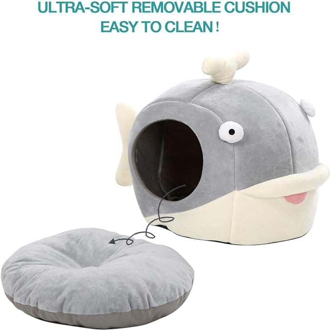 Lcybem Cat Beds for Indoor Cats - Cat Bed Cave with Removable Washable Cushioned Pillow, Calming Cozy Soft Cat Cave, Cute Friendly Dolphin Cat Houses for Indoor Cats No Deformation Pet Bed, L