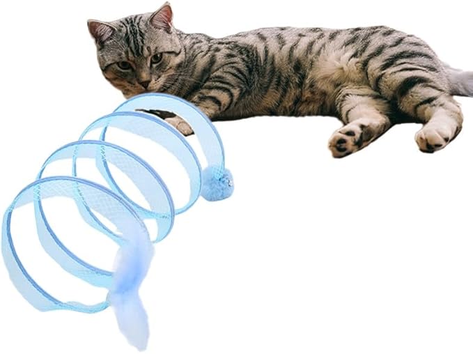 Cat Tunnel Toy S-Shape Folded Cat Tunnel Spring Toys, Cat Spring Toy Cat Spiral Tunnel Toy for Indoor Cats Play Exercise for Puppy, Kitty, Kitten, Rabbit (Blue)