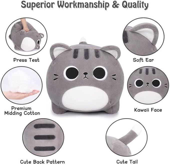 Auspicious beginning Grey Cat Stuffed Animal-15.8'' Cat Plush Toy, Cat Plushie Pillow, Kawaii Soft Plush Cat Pillow Stuffed Cat Toys, Room Decoration Chirsmas Birthday Gifts for Kids Girls Boys