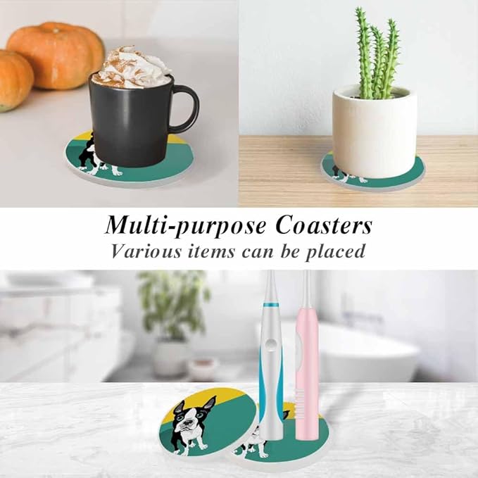 Boston Terrier Dog Coasters for Drinks Absorbent Ceramic Drink Coaster for Coffee Wooden Table Home Decor Set of 2
