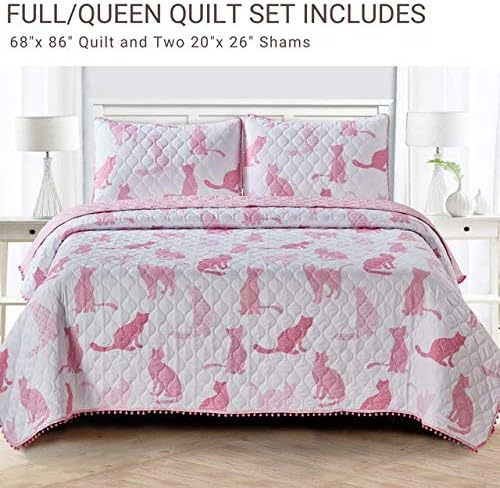 3 Piece Pink Cats Quilt Set with Mini Pom Poms, Full/Queen, Pink