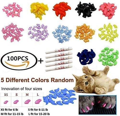 100pcs Cat Nail Caps Kitten Caps Cat Caps Cat Nail Covers with 5pcs Adhesive Glue+5pcs Applicators+Instruction