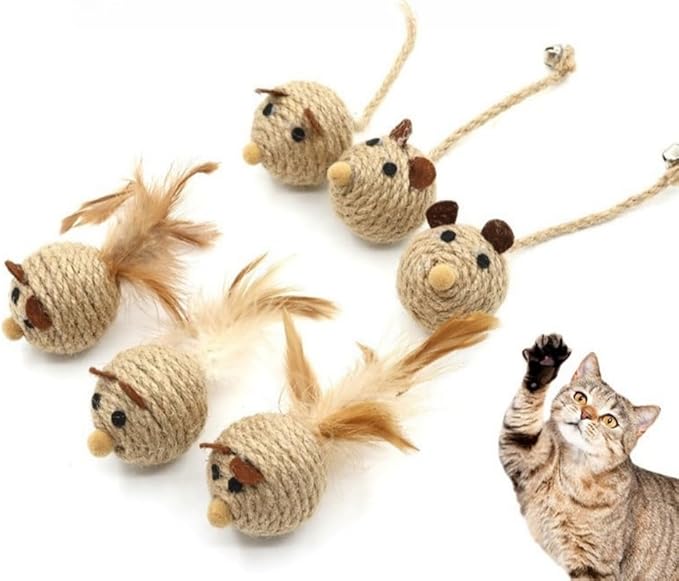 6Pcs Natural Sisal Toys for Cats,Sisal Balls Mice Toys with Rattling Sound for teractive Cat Scratcher Chew Toy with Cute Mouse Toy for Kitten Kicker