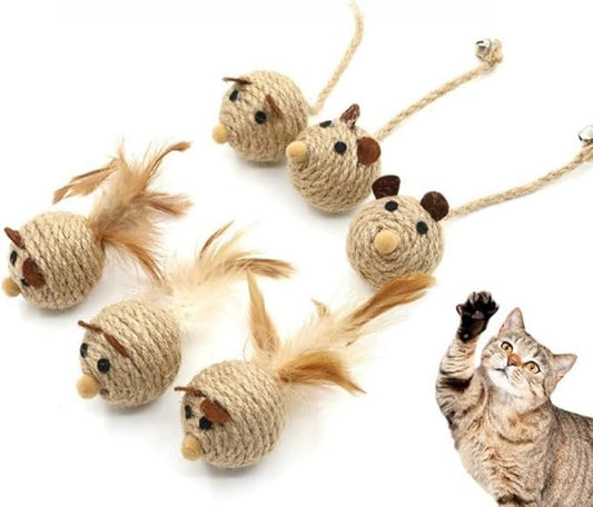 6Pcs Natural Sisal Toys for Cats,Sisal Balls Mice Toys with Rattling Sound for teractive Cat Scratcher Chew Toy with Cute Mouse Toy for Kitten Kicker