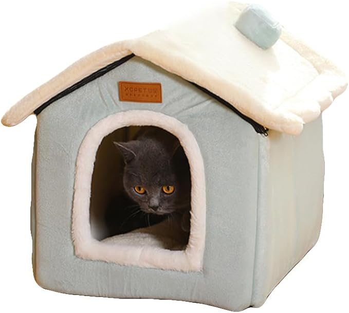 Christmas Cat Bed for Indoor Cats Plaid Christmas Cat Tent Cat Bed Cave for Pets Cats and Dogs (Light Green-M(18.1 X 14.6 X 15.7 Inch))