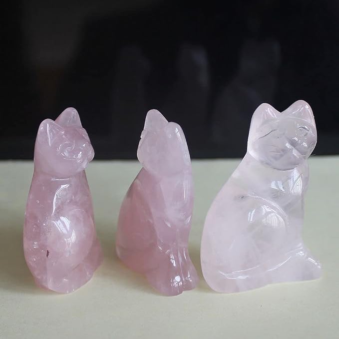 2‘’ Hand Carved Crystal Gemstone Rose Quartz cat Figurine Animal Carving Statue Home Decor