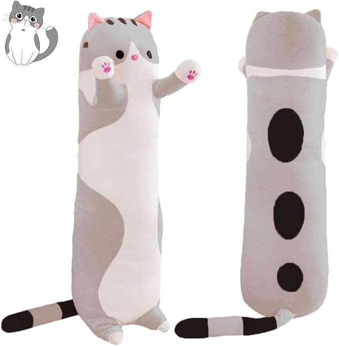 Cat Soft Plush Pillow Cute Cat Body Pillow, Long Stuffed Cat Plush Cat Stuffed Animal Toy Kitten Long Throw Pillow Gift for Kids Girlfriend(70CM,Grey)
