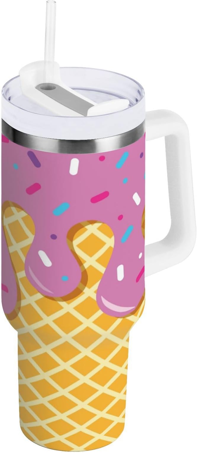 Boccsty Waffle Ice Cream Cone Pink Insulated Tumblers Reusable Stainless Steel Tumbler 30 oz Cup Coffee Travel Mug Water Bottle with Handle & Flip Straw for Home Office Car