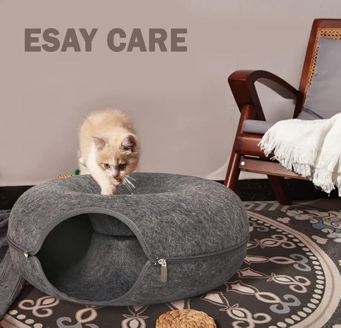 Lucky Sign - Cat bed, felt doughnut cat bed, cat tunnel bed, removable tunnel toy, can be used for cat beds or cat toys, 60 x 60 x 28 cm, dark grey