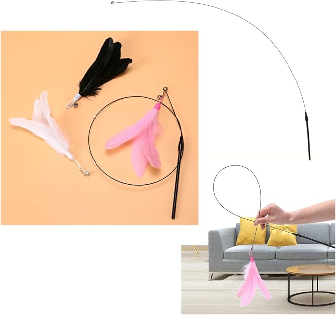 5 Pack Cat Wand Toy Replacement Rod 32'' Flexible Steel Wire Teaser for Cats Feather Toys Worms Bell Refills Rainbow Ribbon Attachments Kitten Interactive Catcher Charmer Exercise