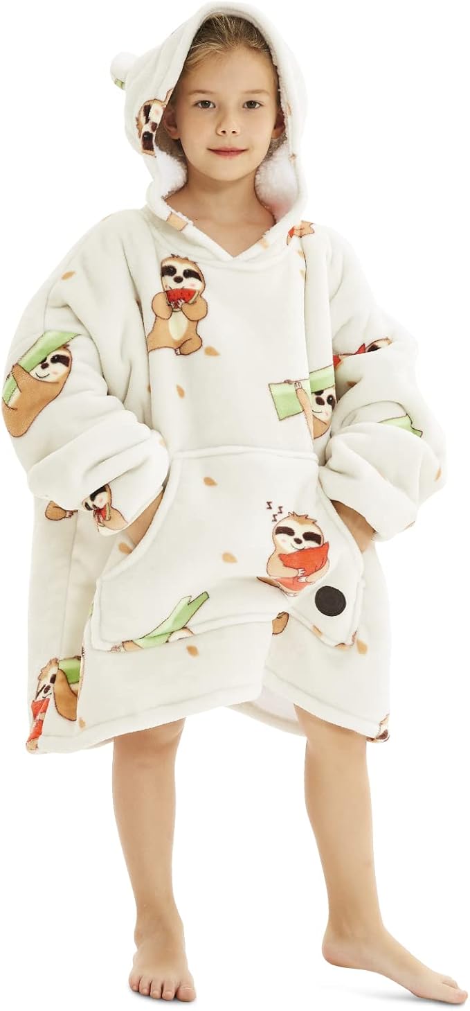 THREE POODLE Wearable Blanket Hoodie for Kids, Oversized Sherpa Sweatshirt Blanket with Giant Hood, Warm Cozy Hooded Blanket, Cute Gifts for Kids Girls Boys